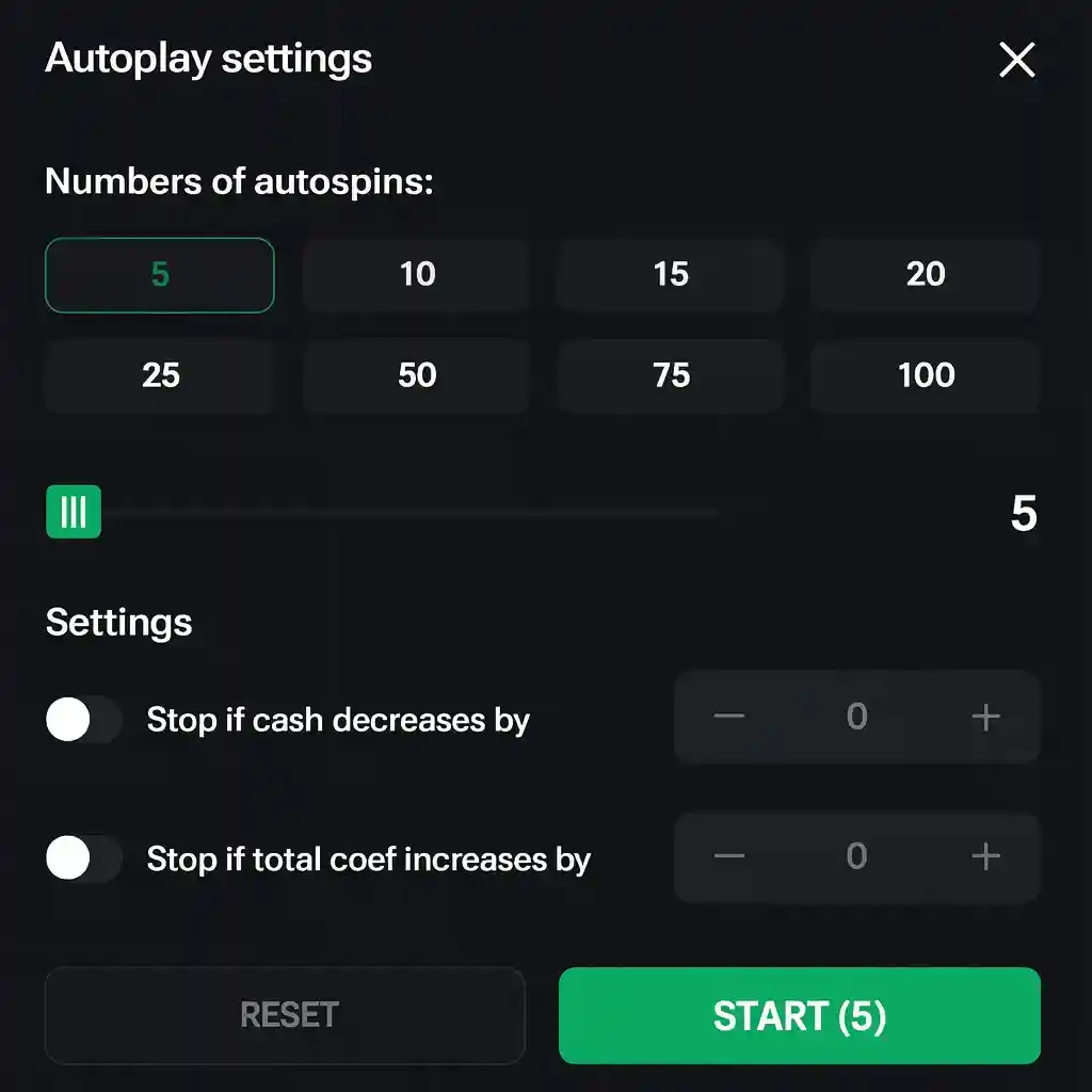 Autoplay settings menu for Twist casino game showing options for number of autospins (5-100), stop conditions for cash decrease and coefficient increase