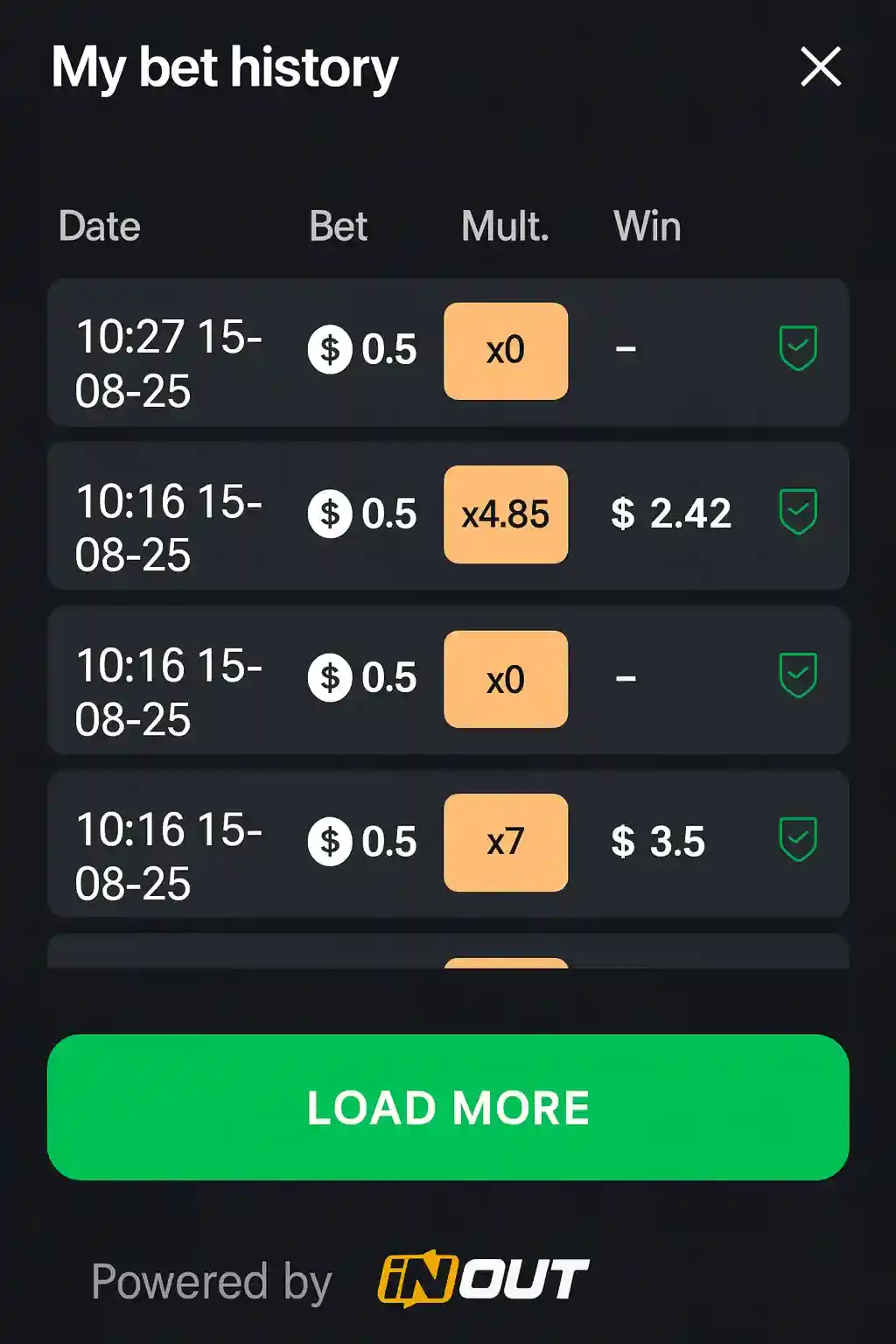 Bet history screen showing four gambling results from August 15th with $0.5 bets, displaying multipliers of x0, x4.85, x0, and x7 with corresponding wins