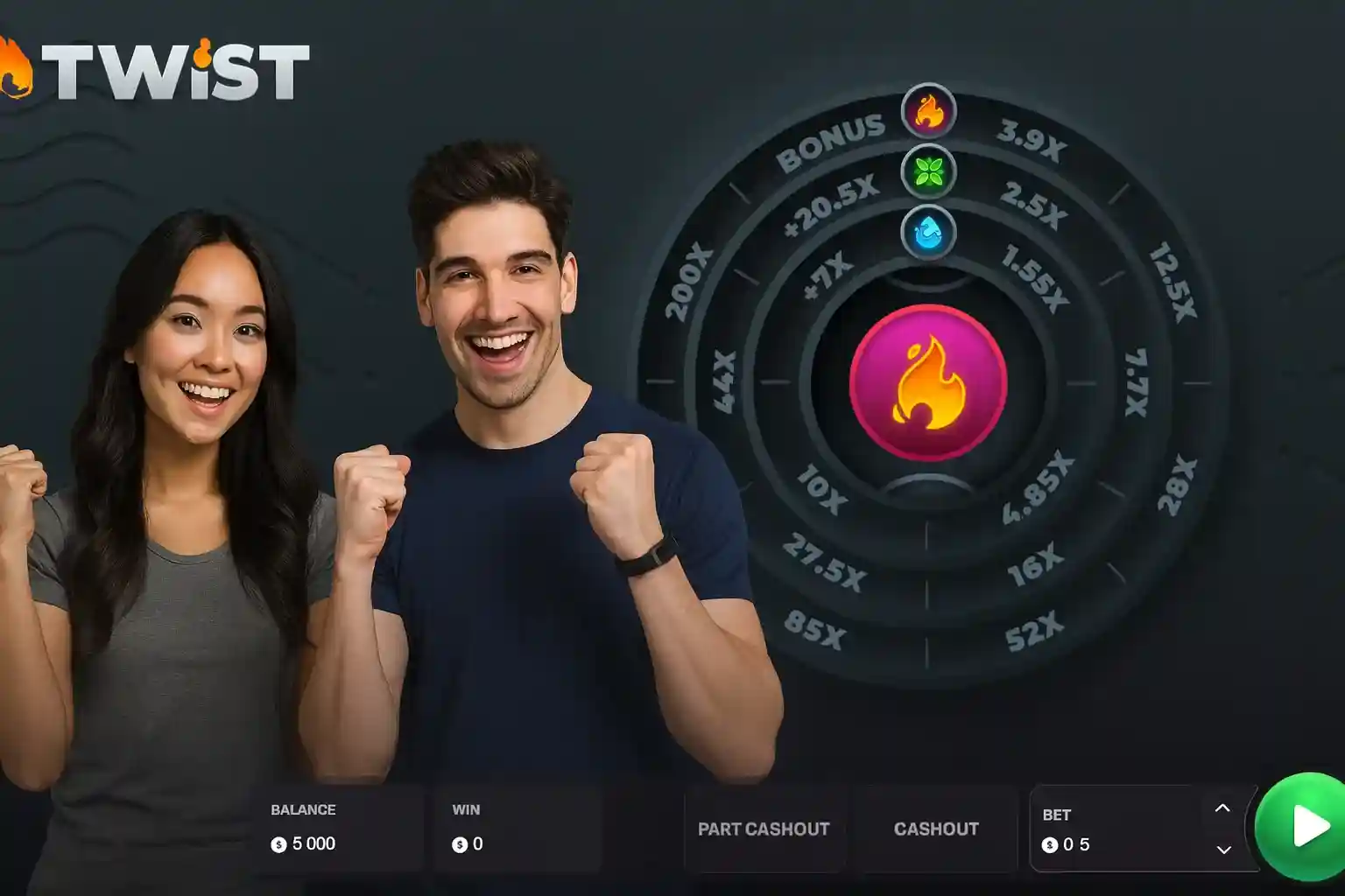 Happy couple with raised fists celebrating while playing Twist casino game, showing game interface with fire symbol in center and balance/win/bet statistics at bottom
