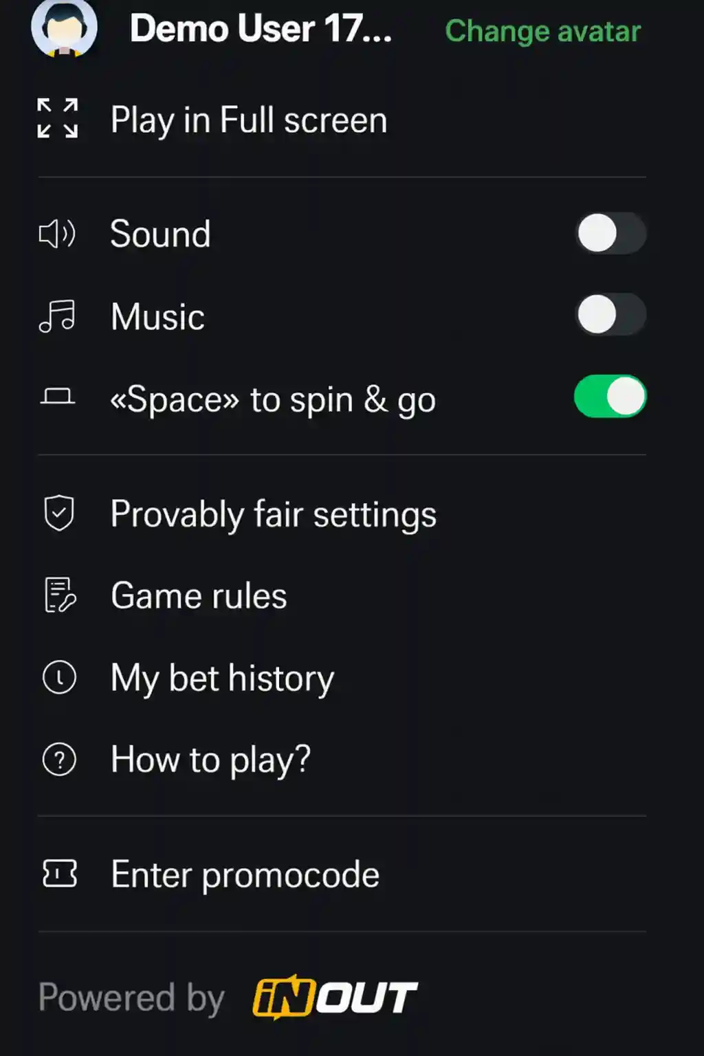 User settings menu for Demo User showing fullscreen toggle, sound/music controls, spacebar spin option, and links to game rules, bet history, and promotional codes