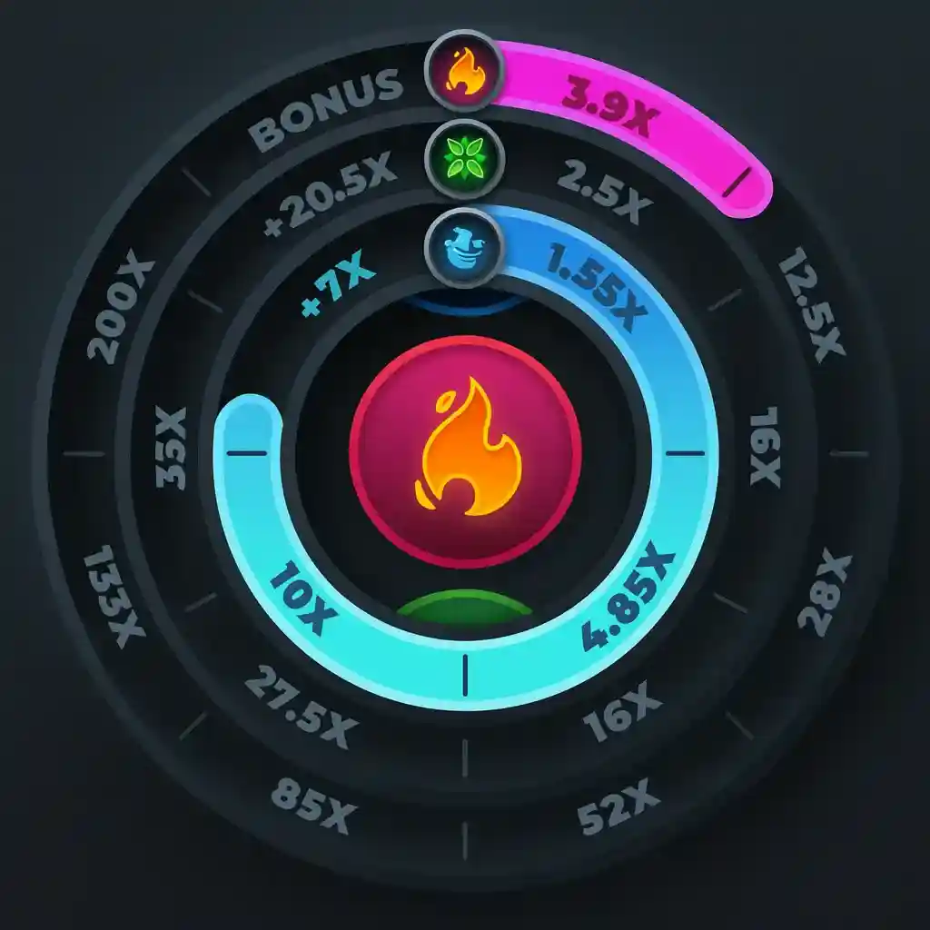 Twist casino game wheel with orange fire symbol in center and blue highlighted section showing 1.55x multiplier, surrounded by various multiplier values up to 200x