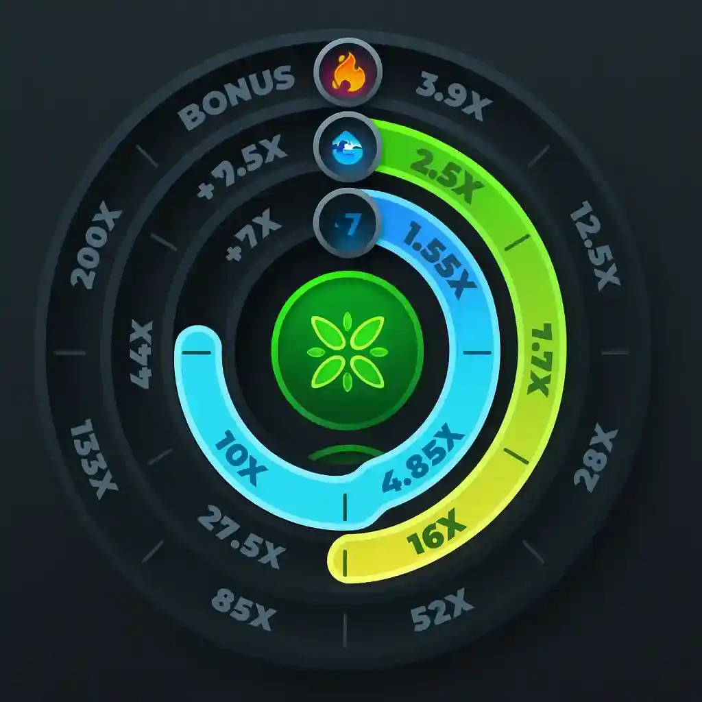 Twist casino game wheel with green nature/leaf symbol in center and highlighted sections showing multipliers, with bonus indicators and various payout values around the wheel