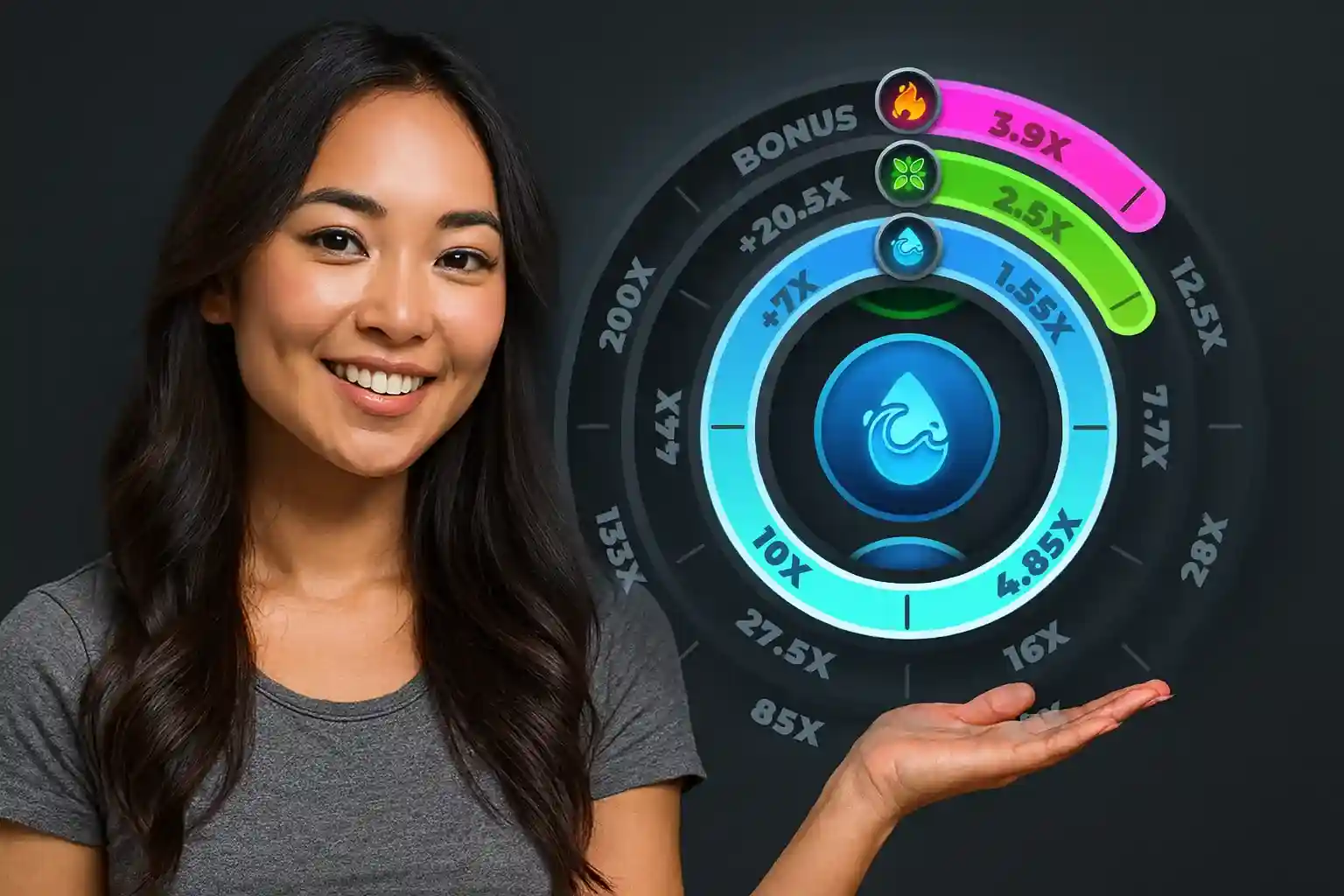 Smiling Asian woman in gray shirt presenting Twist casino game wheel with blue water drop symbol highlighted and multiplier values visible around the circular interface